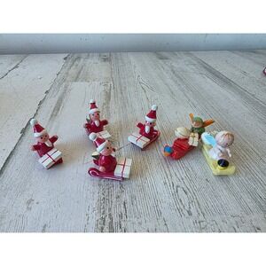 Wooden sleigh Santa Angel Xmas decor vintage presents egg set